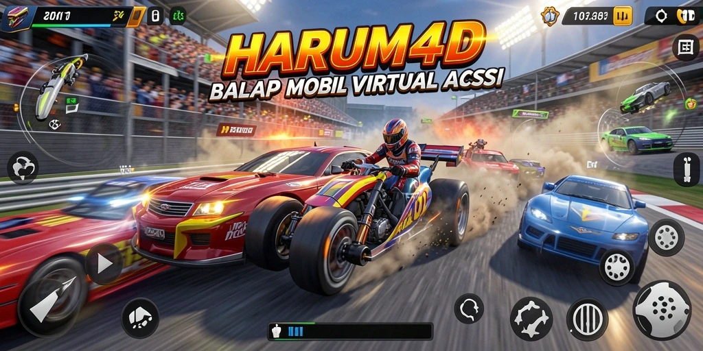 Tangkapan layar utama HARUM4D menampilkan balapan penuh aksi di sirkuit.