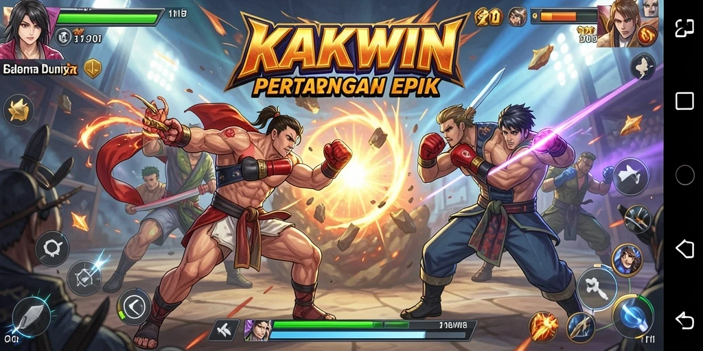 Tampilan gameplay seru dengan pertarungan karakter di KAKWIN.