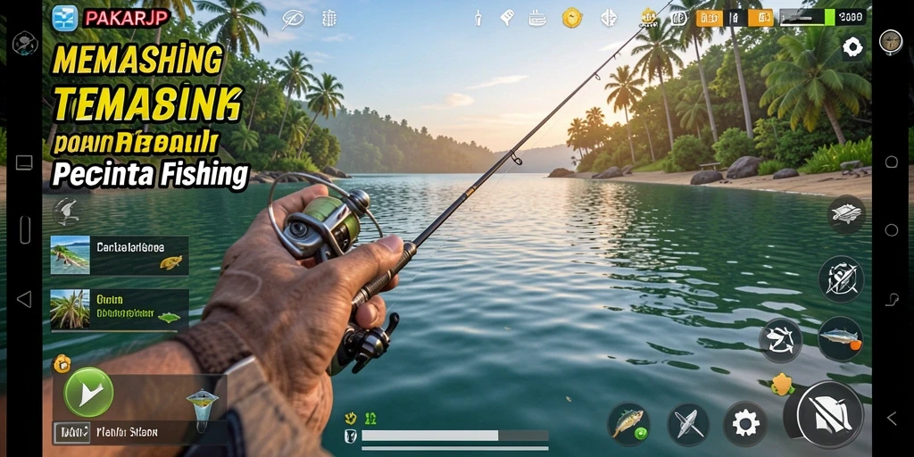 Tampilan screenshot utama PAKARJP menampilkan aksi memancing yang seru.