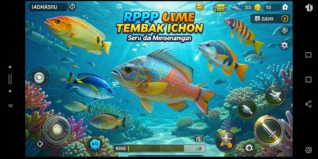 Tampilan gameplay RPRPRP yang seru dengan ikan berwarna-warni.